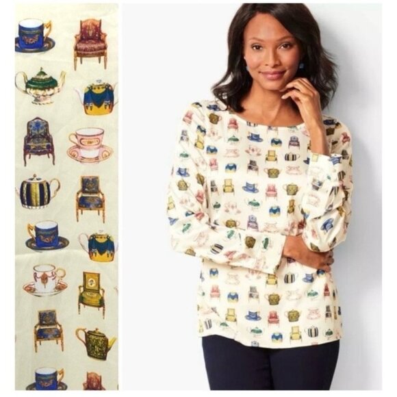 Talbots‎ Teacup Queens Chair Satin Long Sleeve Blouse Womens Small Whimsical - Picture 1 of 10